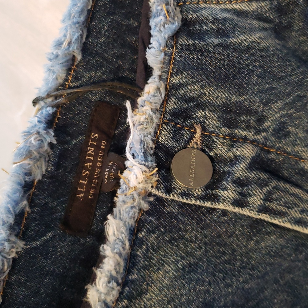 AllSaints NEW Skirt 'Cyra' Maxi Blue Denim Jean Frayed Waist Front & Back Slits - Picture 9 of 14